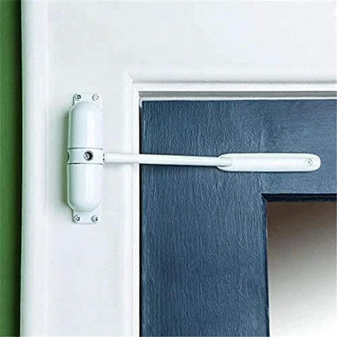 White Door Closer Automatic Safety Spring Door Closer - Easy to Install, mounted on a blue door frame, converting to self-closing.