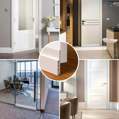 Collage of installed 2 Pack Door Draft Stopper Sheets, Rolls & Strips Under Door Draft Blocker Insulator Doors Sweep Weather Stripping Noise Stopper Strong Adhesive Door Thresholds, White, in various door settings, highlighting the strong adhesive and seamless fit.