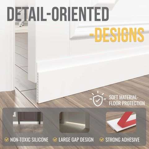 White door draft stopper, 3 in wide by 39 in long, adjustable under-door seal for interior/exterior doors.