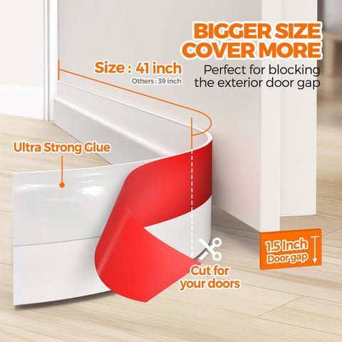 Front view of white door draft stopper being installed under a door with strong adhesive.
