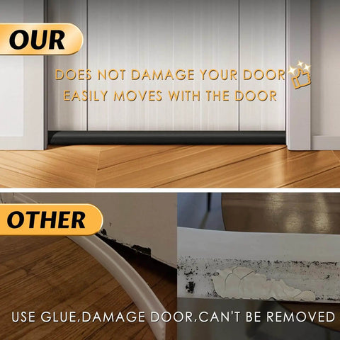 Comparison of Beefy 36 Inch Door Draft Stopper With 2 Inch Diameter Foam Core and competitor's product installed at door bottom