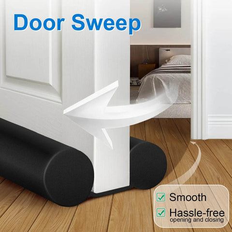 Large 36 Inch Door Draft Stopper Foam, Bottom Of Door Gap Filler And Noise Blocker, Adjustable Seal, Black Under Door Sweep Guard installed on white door