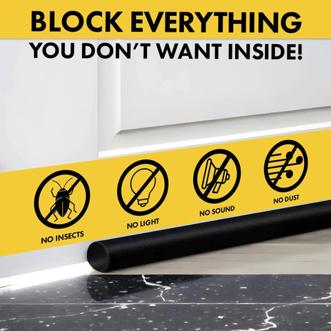 36 Inch Door Draft Stopper Insulation For Bottom Of Door, A No Brainer Way To Cut Heating Bills, Blocks Cold Drafts, Adjustable Gap Filler With 2 Inch Thick Foam, Door Sweep For Heat, Sound And Light Proofing, Heavy Duty Black lying at bottom of door
