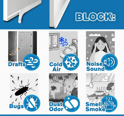 Image showing 36 Inch Under Door Draft Stopper Insulator For White Doors No Fuss Gap Seal Keeps Cold Air Out Dust Smoke Wind Noise Out And Slashes Energy Bills Down Door Seal Strips And Sweeps For Easy Fit features, blocking drafts, cold air, noise, bugs, dust, and odors.