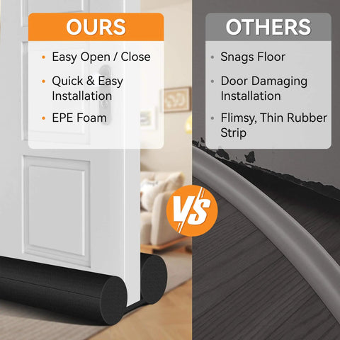 Comparison of under door draft stopper features, emphasizing ease of installation and material differences.