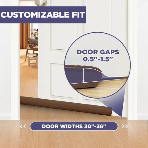 Door draft stopper roll in brown under white interior door; adjustable fit for 0.5–1.5 in gaps, fits 30–36 in doors