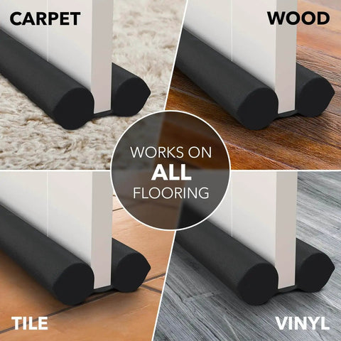 Two Sided Under Door Draft Stopper For Bottom Gap Fits 30 To 36 Inch Wide Doors With Quick Install No Drill No Tape Keeps Heat In And Cold Air Out Sound Proof Foam Strip Gap Filler Noise Blocker For Interior Doors on various floor types carpet, wood, tile, vinyl.