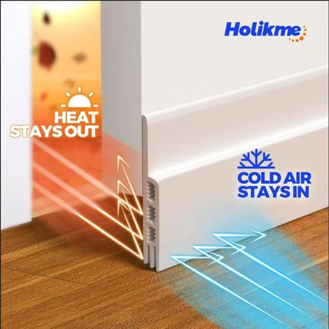 Holikme white door draft stopper with adhesive weather strip for under-door insulation.