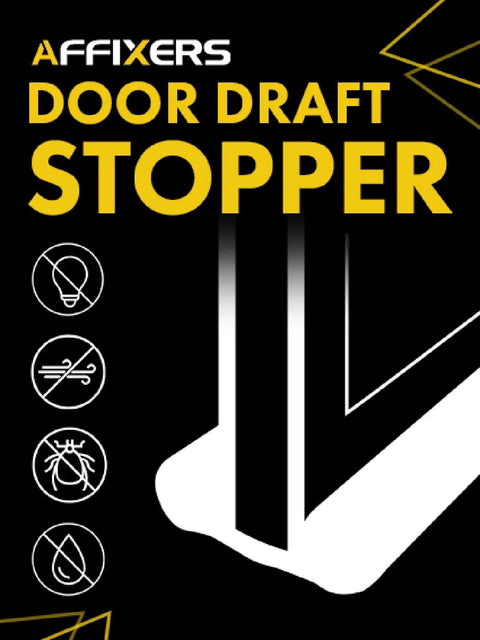 36 Inch Door Draft Stopper Insulation For Bottom Of Door, A No Brainer Way To Cut Heating Bills, Blocks Cold Drafts, Adjustable Gap Filler With 2 Inch Thick Foam, Door Sweep For Heat, Sound And Light Proofing, Heavy Duty Black image showing front view with product benefits.