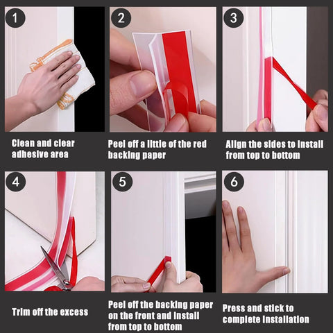 Upgrade T-shaped door draft stopper; six-step install: clean area, peel backing, align, install, trim, finish.