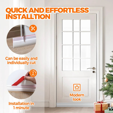 Holikme white door draft stopper with adhesive weather stripping for under-door gaps.