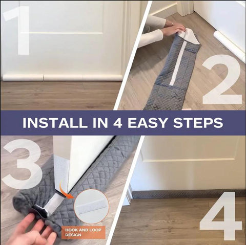 Ciieyuo All-Weather Door Draft Stopper, universal under-door seal, gray quilted fabric, four-step installation.