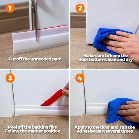Step-by-step guide to installing 2 Pack Door Draft Stopper Sheets, showing cutting, cleaning, applying, and adhesion process on doors.