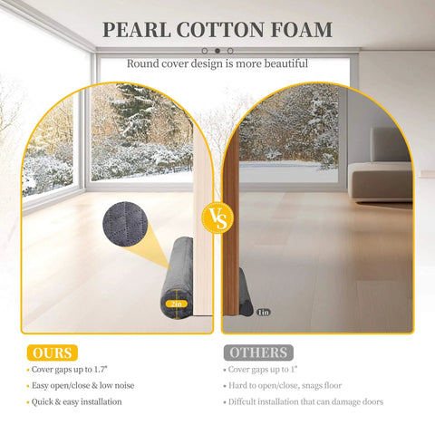 Comparison of velvet under door draft stopper in a living room showing installation and seal benefits against snow-covered windows