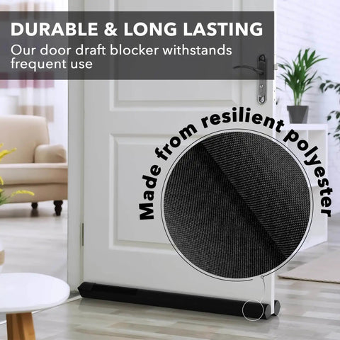 Two Sided Under Door Draft Stopper For Bottom Gap Fits 30 To 36 Inch Wide Doors With Quick Install No Drill No Tape Keeps Heat In And Cold Air Out Sound Proof Foam Strip Gap Filler Noise Blocker For Interior Doors shown in front of a white interior door with a polyester exterior.