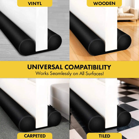 36 Inch Door Draft Stopper Insulation For Bottom Of Door, A No Brainer Way To Cut Heating Bills, Blocks Cold Drafts, Adjustable Gap Filler With 2 Inch Thick Foam, Door Sweep For Heat, Sound And Light Proofing, Heavy Duty Black installed on various floor surfaces.