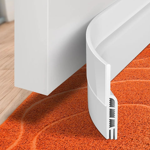 White door draft stopper under door; adhesive sweep with three-channel weather stripping