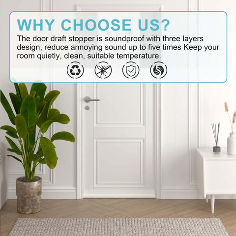 White room with closed door, plant, and text overlay promoting soundproof One Sided Door Draft Stopper Blocker 37 Inch Cutable Under Door Foam Tubes.