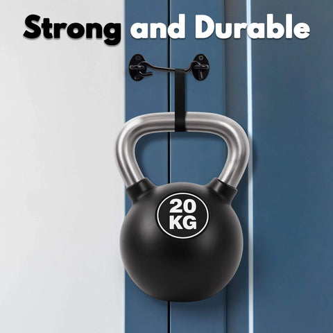 20 kg kettlebell hanging on wall hook demonstrating strength and durability against blue background