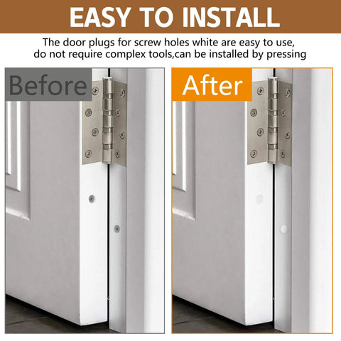 Before and after installation of Silicone Door Frame Plugs Kit 60 Pcs Round Screw Hole Plugs in Five Sixteenth Inch By One Quarter Inch Size White Frame Inserts for Doors Windows And Furniture Conceal Screws And Block Dust For A Clean Modern Home Decor Look.