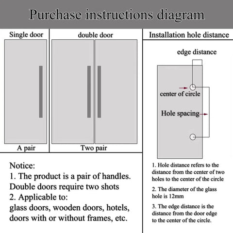 Installation diagram showing how to mount 24 Inch Large Glass Door Handle H Shape Double Sided Push Pull Acrylic Crystal With Stainless Steel Anti Fingerprint Finish For Barn Bathroom Shower Patio Kitchen Commercial No Lock on single and double doors, with measurements for hole spacing and edge distance.