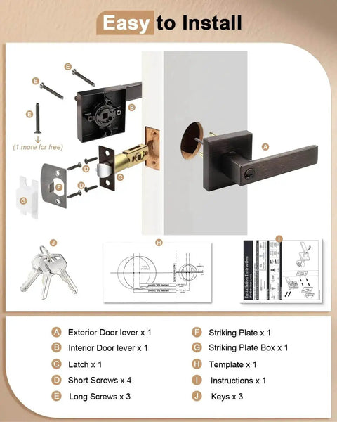 Installation guide showing components of Two Pack Square Keyed Alike Entry Door Levers in Oil Rubbed Bronze, with keys and screws.