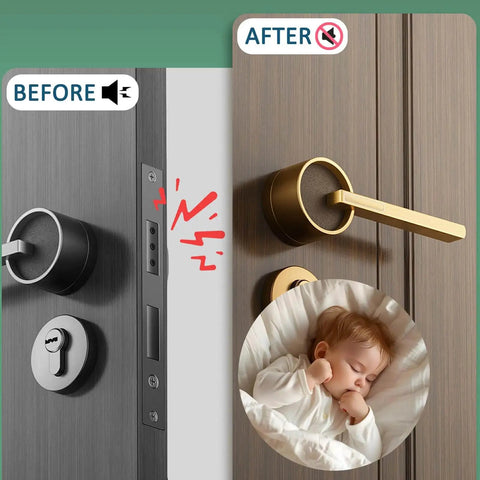 Eight Pack Silicone Anti Collision Pads in use on door showing sound dampening effect with sleeping baby image