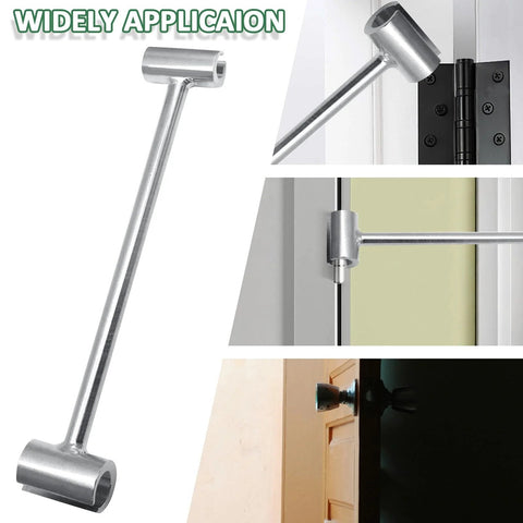 Double Head Door Hinge Adjustment Tool 14-19mm for quick gap adjustment, shown in use on residential doors, silver finish.