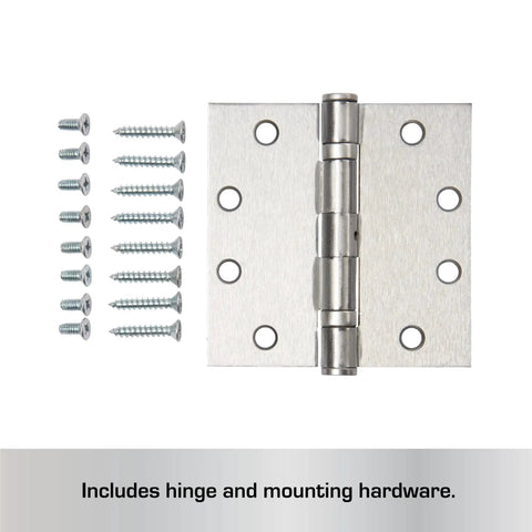 Commercial 4 Pack 4.5 Inch Ball Bearing Door Hinges Satin Chrome Finish with screws shown; smooth operation for interior and exterior doors.