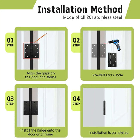 Installation steps for Six Pack Black Door Hinges 4.5 By 4.5 Inches Heavy Duty Stainless Steel Ball Bearing Hinges with screws.
