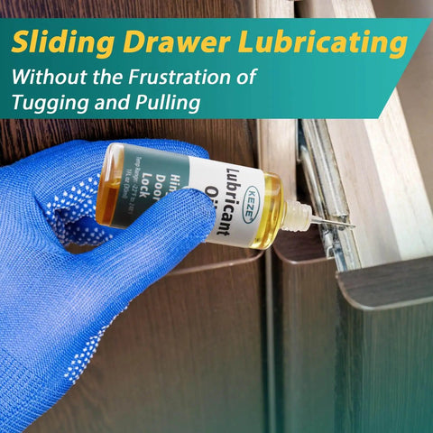 Applying Door Hinge Lubricant Oil For No Squeak Fixes And Smooth Operation Multi Purpose Lube to a sliding drawer with needle oiler