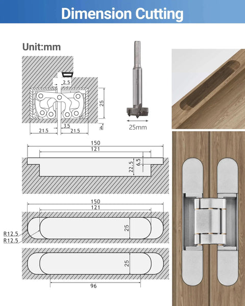Diagram and installation of Invisible Door Hinges 2 Pack 6 Inch Silver Hidden Hinges with dimensions and wood integration.