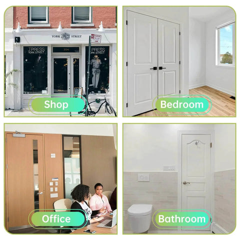 6-Pack Black Door Hinges, 3 Inch Heavy Duty Stainless Steel Hinge for Interior Exterior Doors, shown on various doors in shop, bedroom, office, bathroom