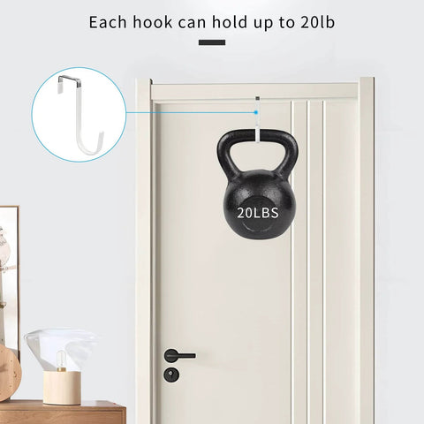 Door hook holding 20 lb kettlebell, demonstrating weight capacity, suitable for home storage solutions.