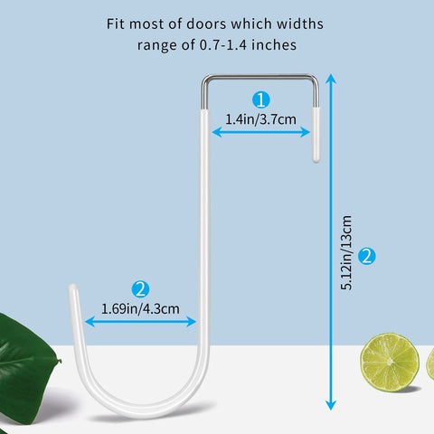 White over-the-door hook with dimensions 1.4 in width and 5.12 in height, suitable for doors 0.7-1.4 inches thick
