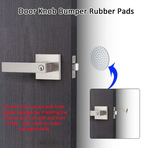 Keyed Alike Entry Door Lever Set With Lock And Key Satin Nickel Square Door Handle installation on wooden door with rubber bumpers.
