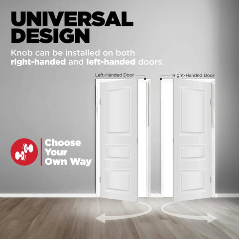 Diagram showing installation on left and right-handed doors for Tylo Entry Door Knob With Lock And Key For Exterior And Interior Doors Secure Keyed Handle For Front Entrance And Bedroom Satin Nickel Finish Pick Resistant SmartKey Rekey Security Microban Protection.
