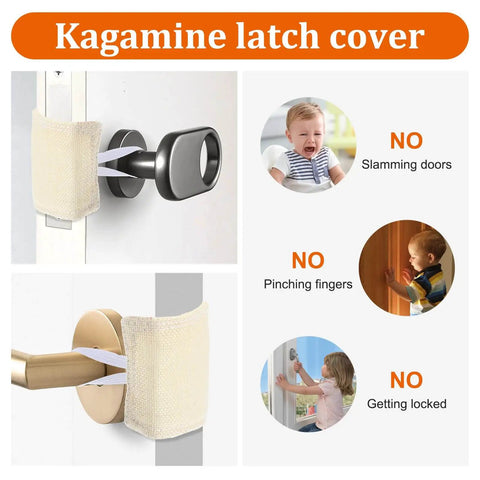 Quiet Close Door Latch Covers Cushioned Pads With Elastic Straps For Noise Reduction And Baby Safety installed on door handles