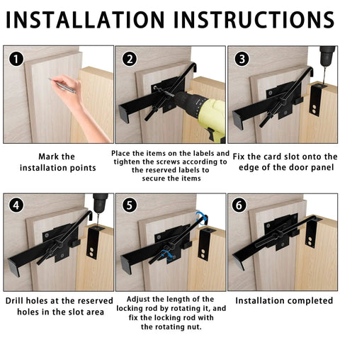 Installation guide showing steps to install Sliding Door Latch With Hook Black Cam Latch for wooden doors with tools.