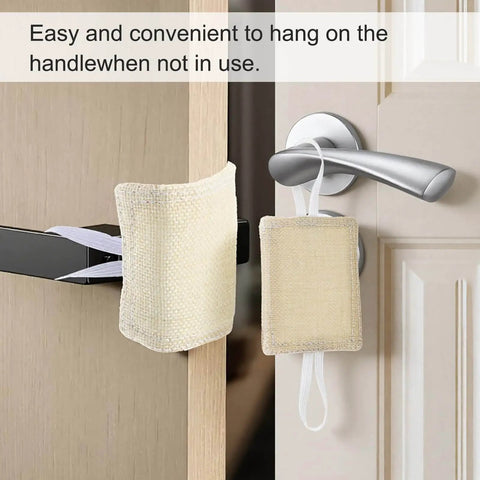 Quiet Close Door Latch Covers Cushioned Pads With Elastic Straps For Noise Reduction And Baby Safety Kid-Friendly Padded Door Silencers Three Pack Yellow 9x7cm Durable Linen Nylon Build For Easy Fit And Gentle Quiet Close shown on door handle.