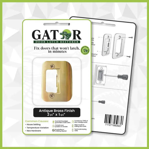 Package of Quick DIY fix for doors that won't stay closed, this universal latch strike plate with screws, brass finish.