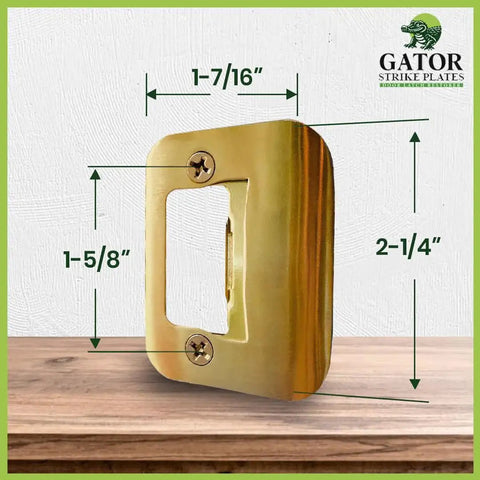 Quick DIY fix for doors that won't stay closed, this universal latch strike plate with screws in bright brass finish, front view.