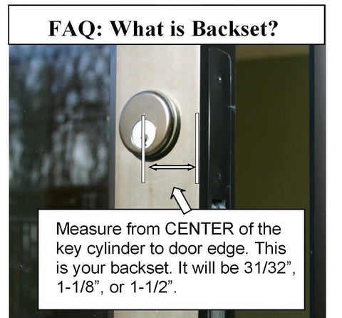 Illustration showing how to measure backset for a secure storefront entry with an adjustable mortise lock set featuring hook deadbolt.