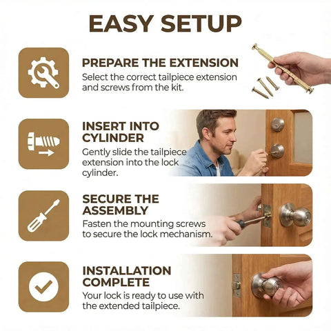 Easy setup guide for Beefy Thick Door Lock Extension Kit for deep doors, shows steps for installing adjustable deadbolt tailpiece set.