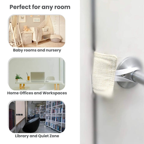 Door Noise Blocker With Elastic Straps Easy Install Latch Cover That Hushes Door Slams For All Doors 4x3 Inches Thick Fabric installed on door.