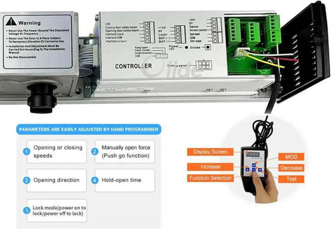 Auto Swing Door Opener With Remote Control, Push Button Entry, control panel with wiring diagram and programming remote