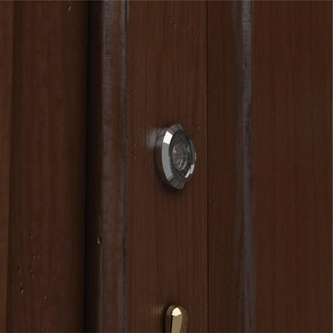 Installed wide angle door peephole viewer kit on wooden door, bright chrome finish, fits 1-1/2 to 2-1/4 inch doors.