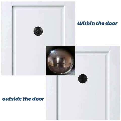 Four Pack Door Peepholes With 1 Inch Drill Bit, 220 Degree Wide View Front Door Cam, installed on white door showing inside and outside view