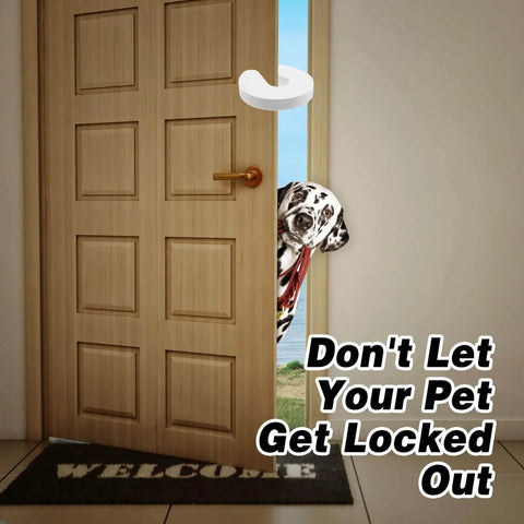 Front view of a six pack baby door pinch guard installed on a wooden door, preventing slams and protecting fingers, with a dog peeking through.