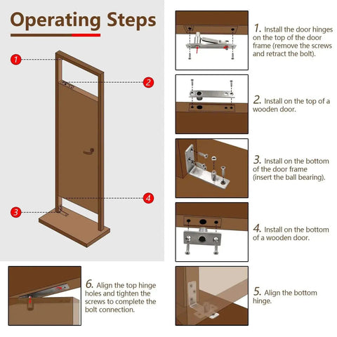 Illustration of door installation steps using Heavy Duty Stainless Steel Wood Door Pivot Hinges Built Tough With 180 Degree Rotation Adjustable Swing